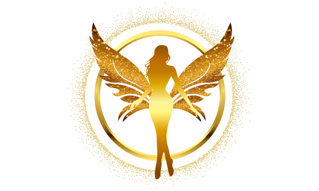 Logo doré Un Rêve de Fée – Évènement avec silhouette ailée dans un cercle lumineux
